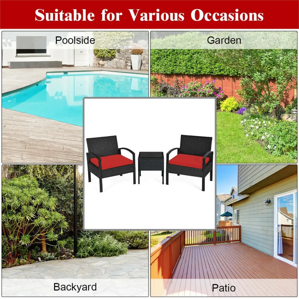 3 Pieces Outdoor Rattan Patio Conversation Set with Seat Cushions-Red - Red - Patio Conversation Sets