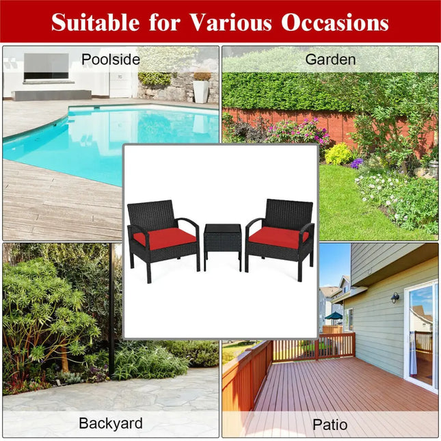3 Pieces Outdoor Rattan Patio Conversation Set with Seat Cushions-Red - Red - Patio Conversation Sets