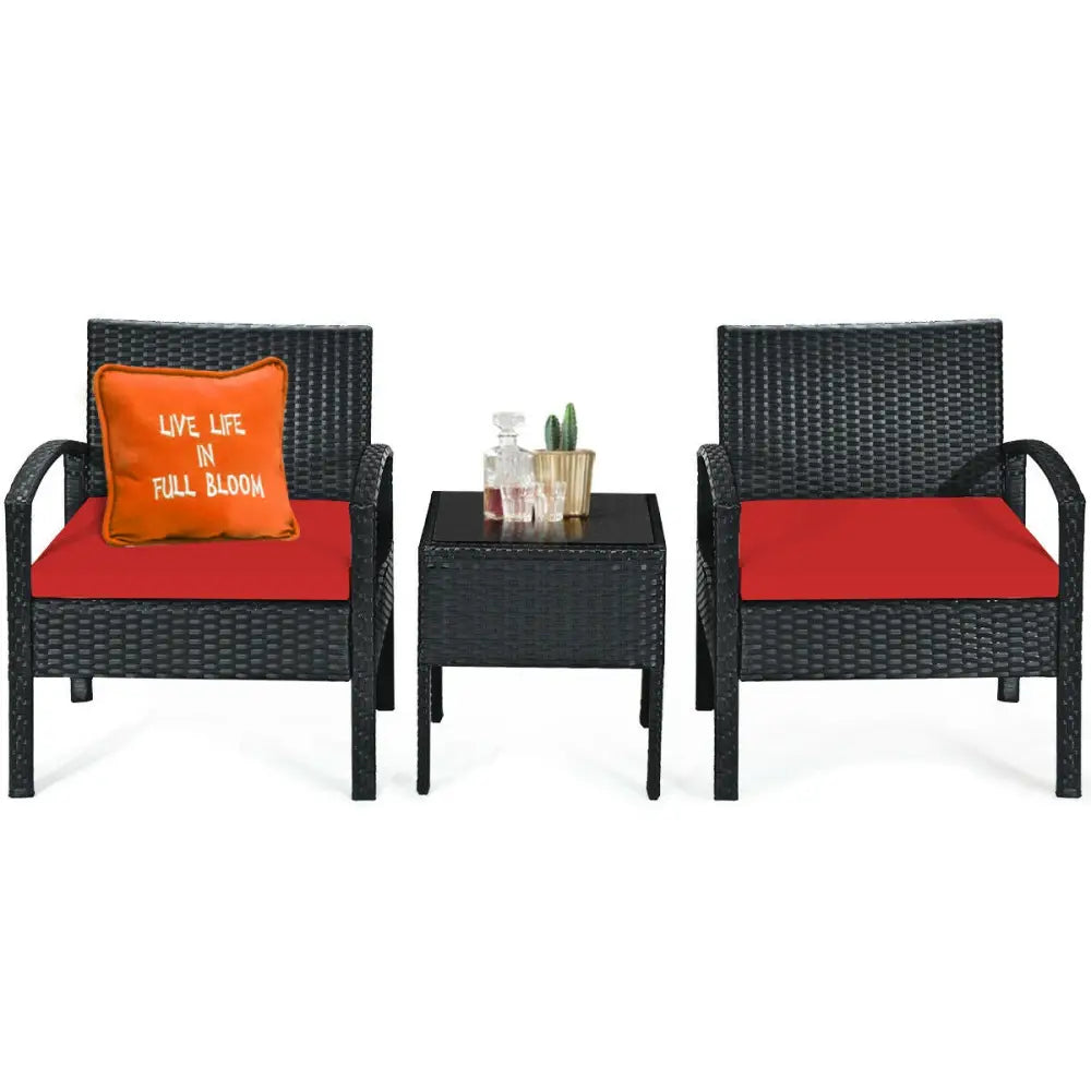 3 Pieces Outdoor Rattan Patio Conversation Set with Seat Cushions-Red - Red - Patio Conversation Sets
