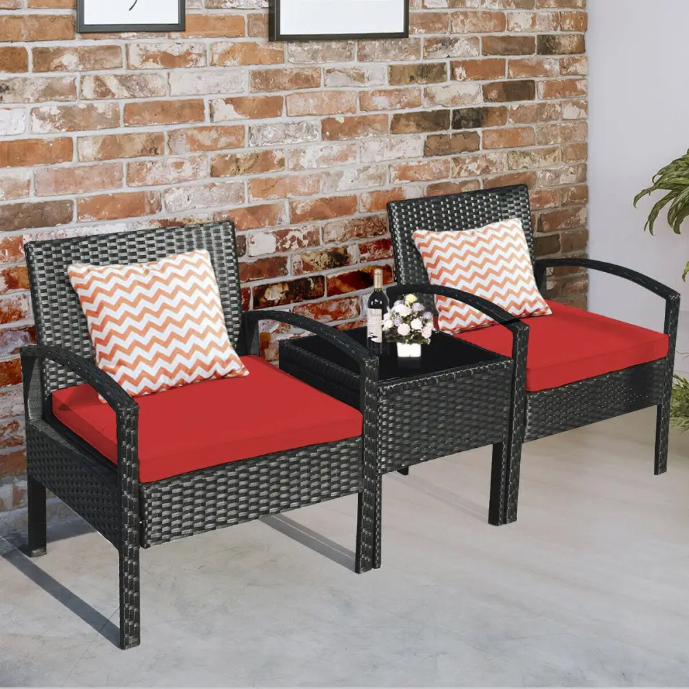 3 Pieces Outdoor Rattan Patio Conversation Set with Seat Cushions-Red - Red - Patio Conversation Sets