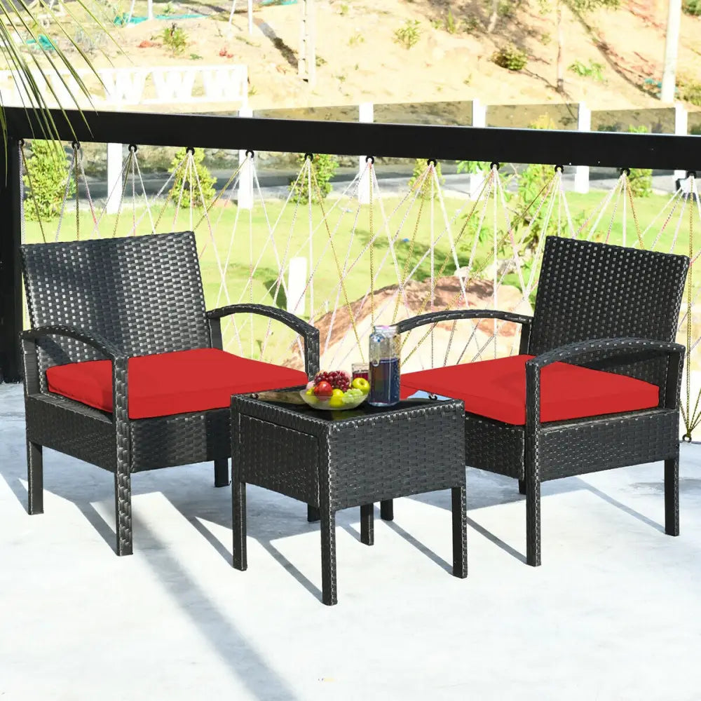 3 Pieces Outdoor Rattan Patio Conversation Set with Seat Cushions-Red - Red - Patio Conversation Sets