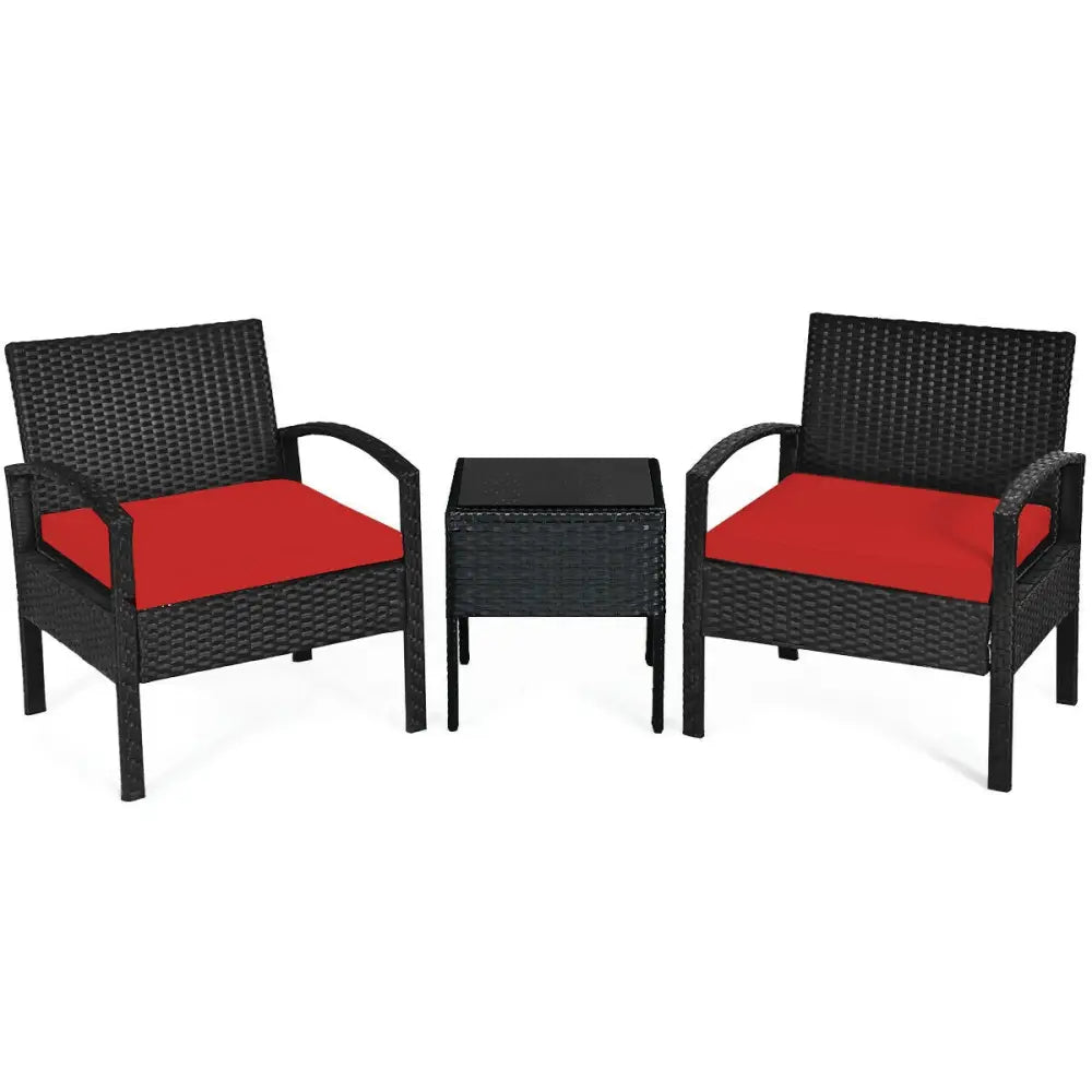 3 Pieces Outdoor Rattan Patio Conversation Set with Seat Cushions-Red - Red - Patio Conversation Sets
