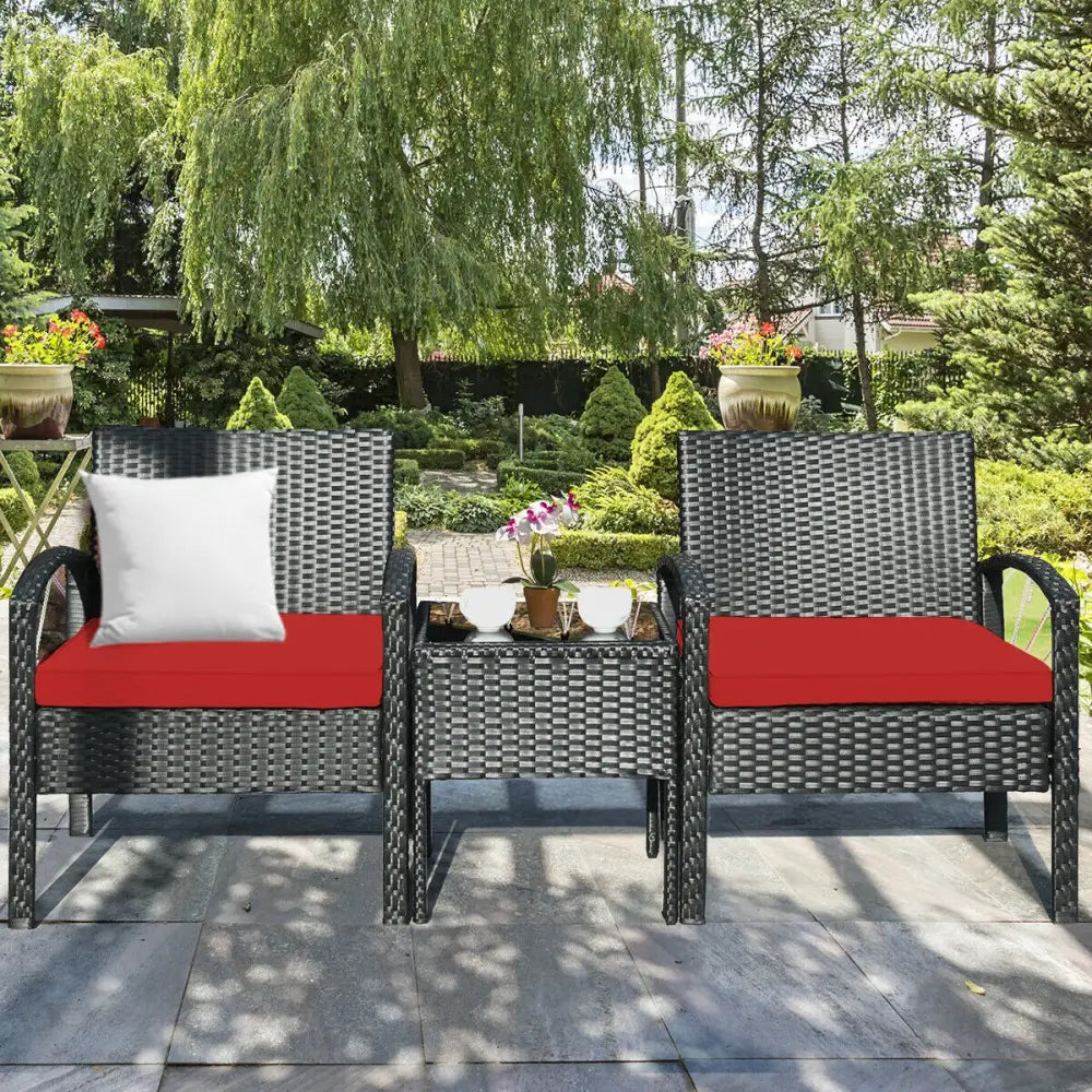 3 Pieces Outdoor Rattan Patio Conversation Set with Seat Cushions-Red - Red - Patio Conversation Sets