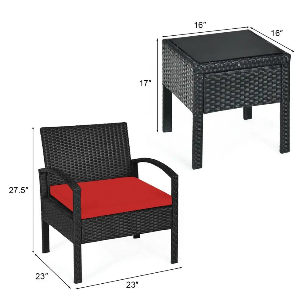 3 Pieces Outdoor Rattan Patio Conversation Set with Seat Cushions-Red - Red - Patio Conversation Sets