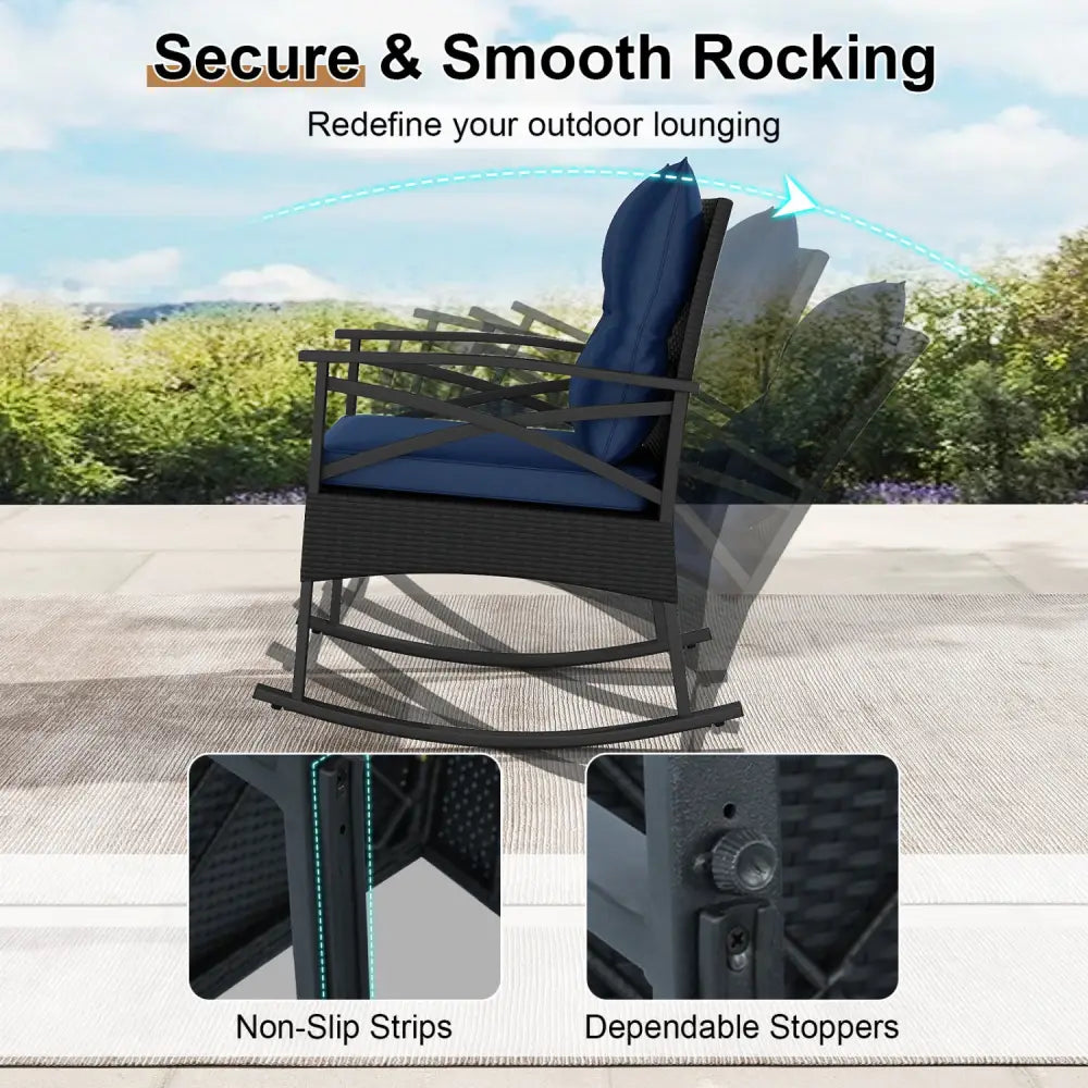 3 Pieces Outdoor Rattan Rocking Chairs Set with 2-Tier Side Table for Garden Backyard-Navy - Navy - Patio Conversation