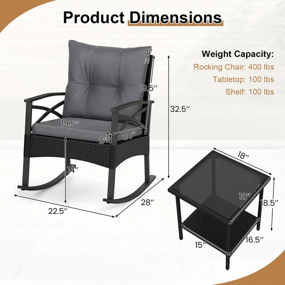 3 Pieces Outdoor Rattan Rocking Chairs Set with 2-Tier Side Table for Garden Backyard-Black and Gray - Black & Gray