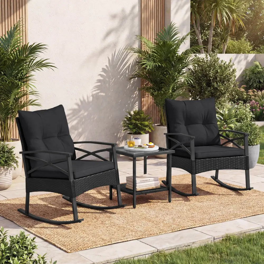 3 Pieces Outdoor Rattan Rocking Chairs Set with 2-Tier Side Table for Garden Backyard-Black - Black - Patio