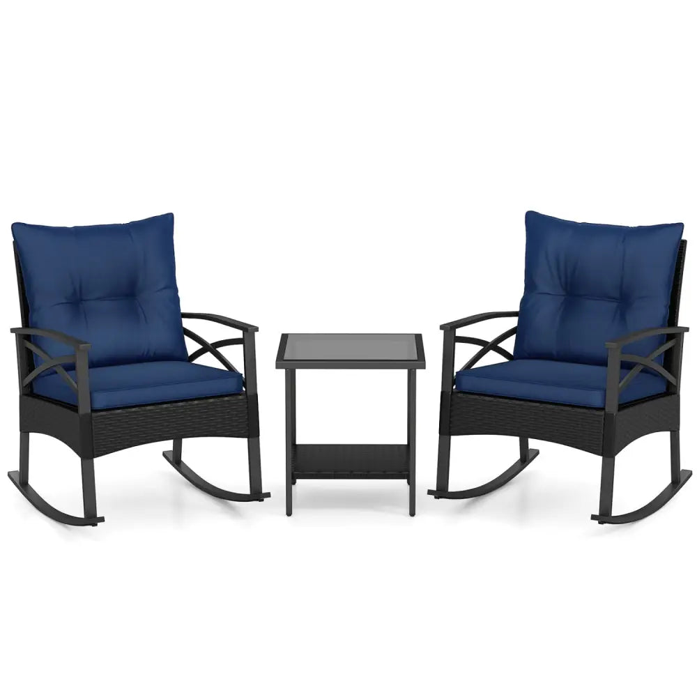 3 Pieces Outdoor Rattan Rocking Chairs Set with 2-Tier Side Table for Garden Backyard-Navy - Navy - Patio Conversation
