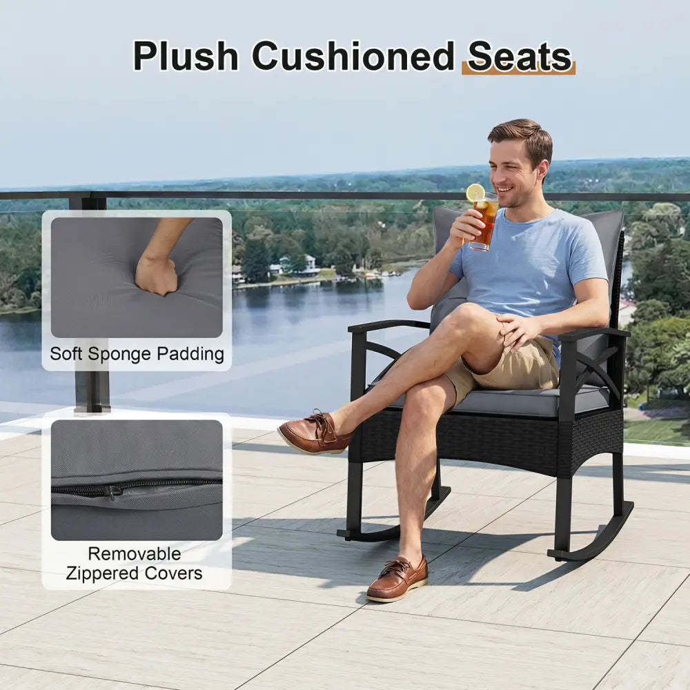 3 Pieces Outdoor Rattan Rocking Chairs Set with 2-Tier Side Table for Garden Backyard-Black and Gray - Black & Gray