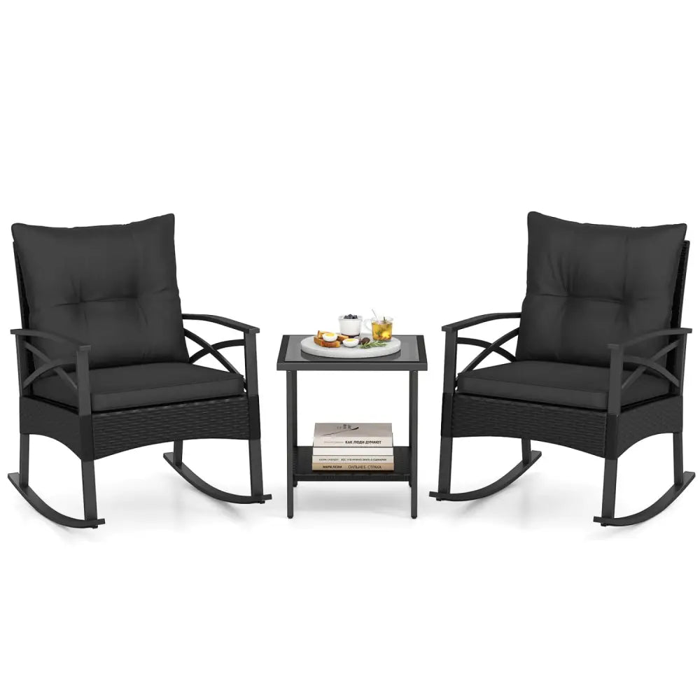 3 Pieces Outdoor Rattan Rocking Chairs Set with 2-Tier Side Table for Garden Backyard-Black - Black - Patio