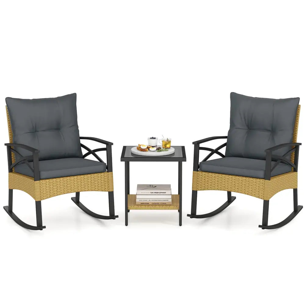 3 Pieces Outdoor Rattan Rocking Chairs Set with 2-Tier Side Table for Garden Backyard-Gray - Gray - Patio Conversation