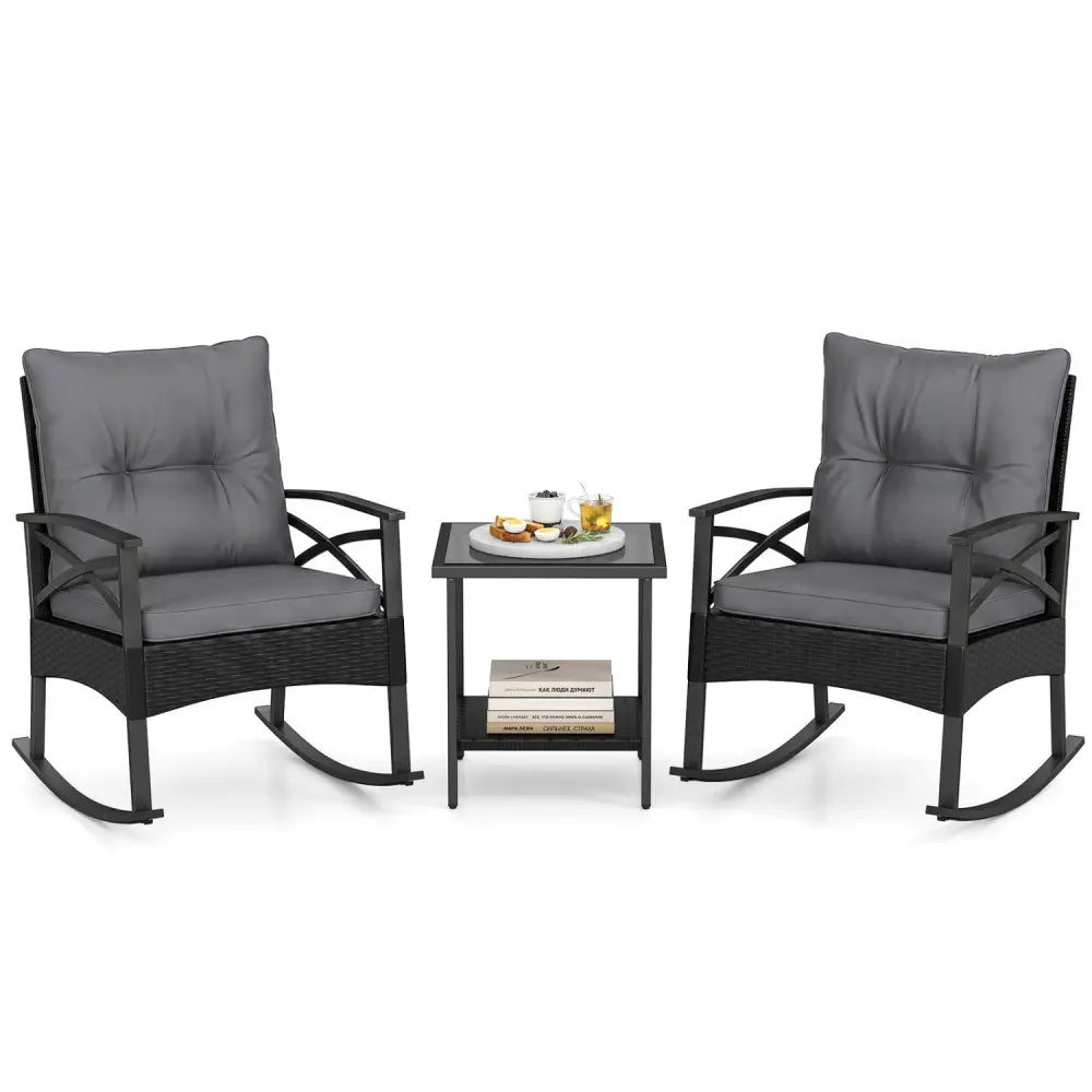 3 Pieces Outdoor Rattan Rocking Chairs Set with 2-Tier Side Table for Garden Backyard-Black and Gray - Black & Gray