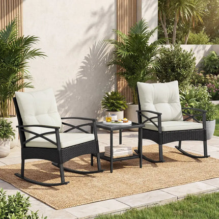3 Pieces Outdoor Rattan Rocking Chairs Set with 2-Tier Side Table for Garden Backyard-White - White - Patio