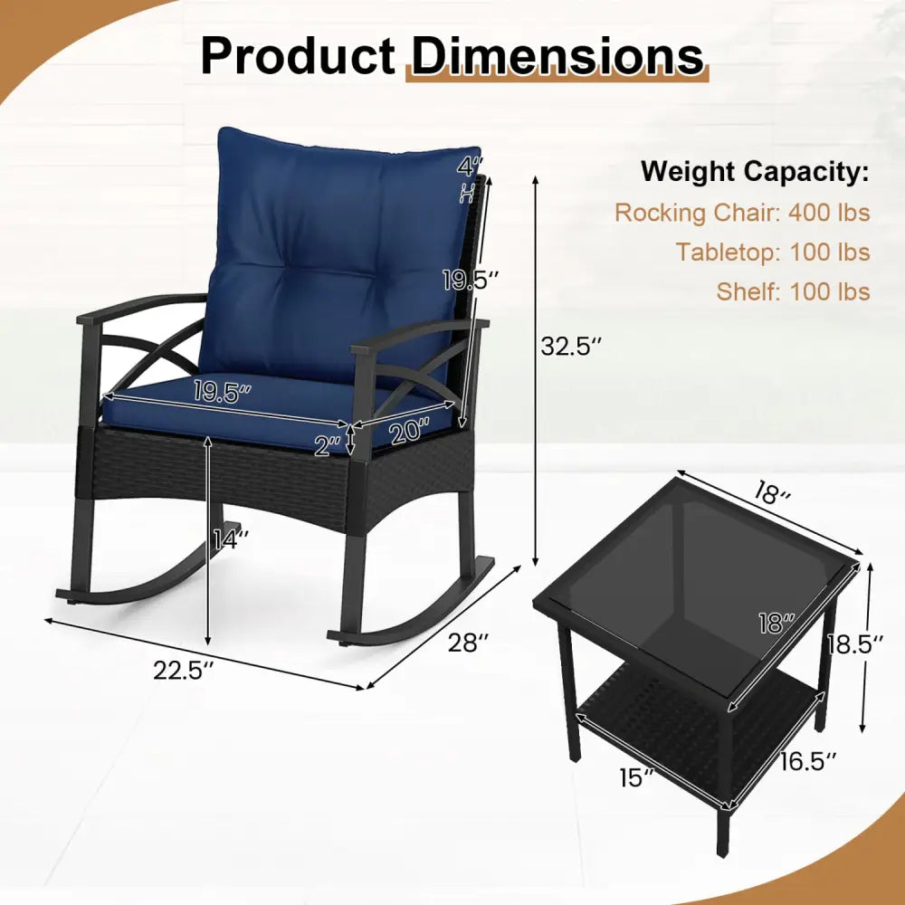 3 Pieces Outdoor Rattan Rocking Chairs Set with 2-Tier Side Table for Garden Backyard-Navy - Navy - Patio Conversation