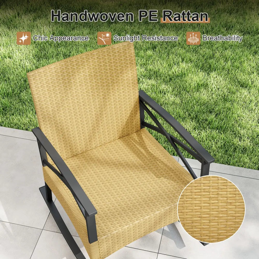 3 Pieces Outdoor Rattan Rocking Chairs Set with 2-Tier Side Table for Garden Backyard-Gray - Gray - Patio Conversation