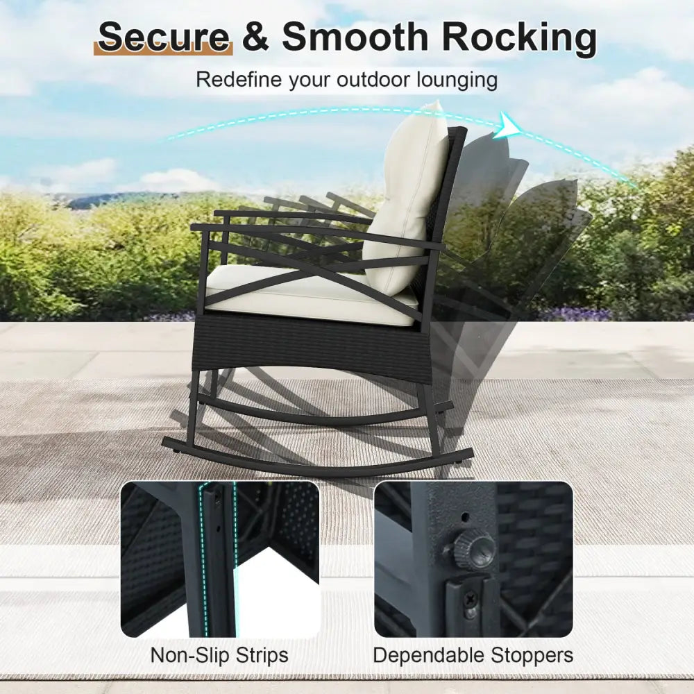 3 Pieces Outdoor Rattan Rocking Chairs Set with 2-Tier Side Table for Garden Backyard-White - White - Patio