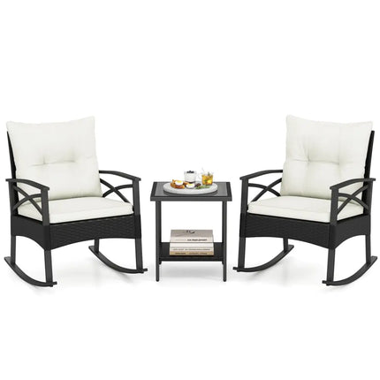 3 Pieces Outdoor Rattan Rocking Chairs Set with 2-Tier Side Table for Garden Backyard-White - White - Patio