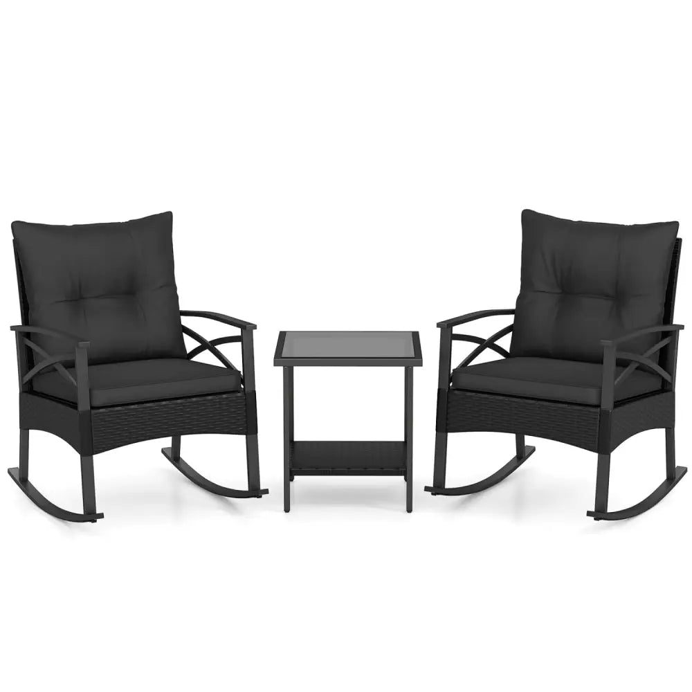 3 Pieces Outdoor Rattan Rocking Chairs Set with 2-Tier Side Table for Garden Backyard-Black - Black - Patio