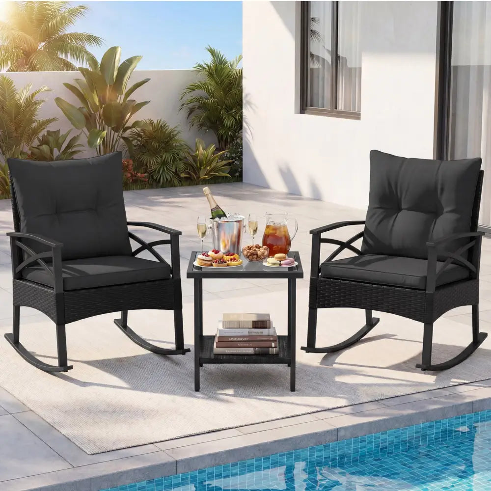 3 Pieces Outdoor Rattan Rocking Chairs Set with 2-Tier Side Table for Garden Backyard-Black - Black - Patio