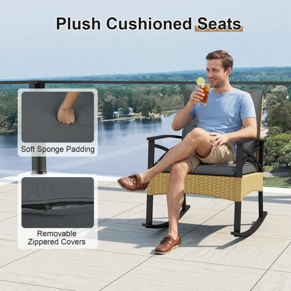 3 Pieces Outdoor Rattan Rocking Chairs Set with 2-Tier Side Table for Garden Backyard-Gray - Gray - Patio Conversation