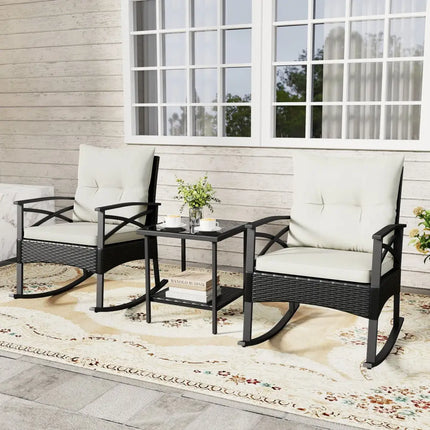 3 Pieces Outdoor Rattan Rocking Chairs Set with 2-Tier Side Table for Garden Backyard-White - White - Patio
