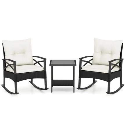 3 Pieces Outdoor Rattan Rocking Chairs Set with 2-Tier Side Table for Garden Backyard-White - White - Patio