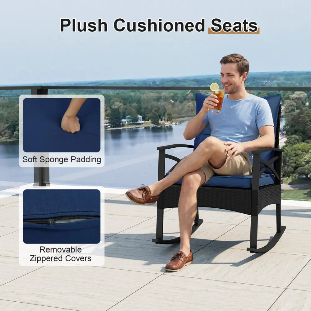 3 Pieces Outdoor Rattan Rocking Chairs Set with 2-Tier Side Table for Garden Backyard-Navy - Navy - Patio Conversation