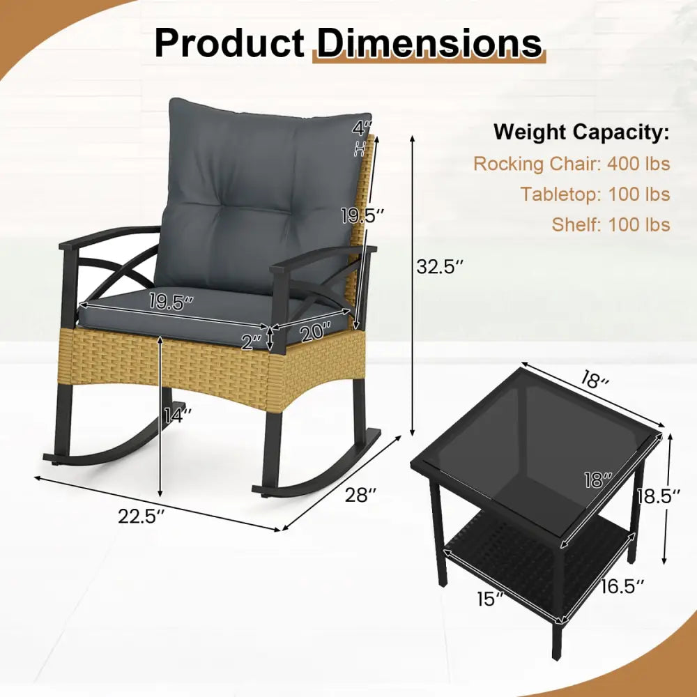 3 Pieces Outdoor Rattan Rocking Chairs Set with 2-Tier Side Table for Garden Backyard-Gray - Gray - Patio Conversation