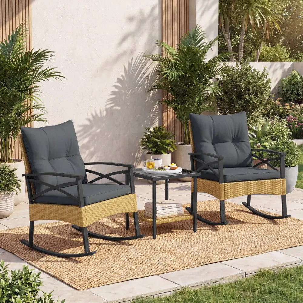 3 Pieces Outdoor Rattan Rocking Chairs Set with 2-Tier Side Table for Garden Backyard-Gray - Gray - Patio Conversation