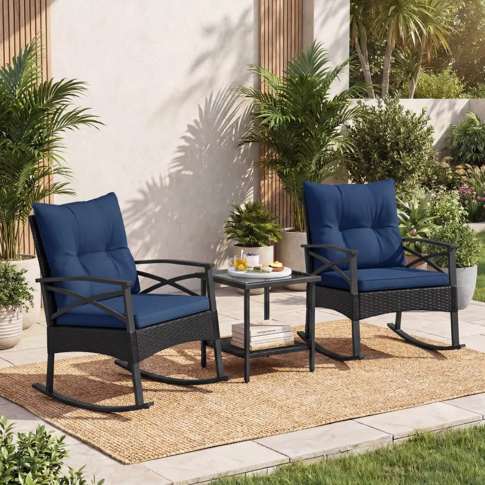 3 Pieces Outdoor Rattan Rocking Chairs Set with 2-Tier Side Table for Garden Backyard-Navy - Navy - Patio Conversation