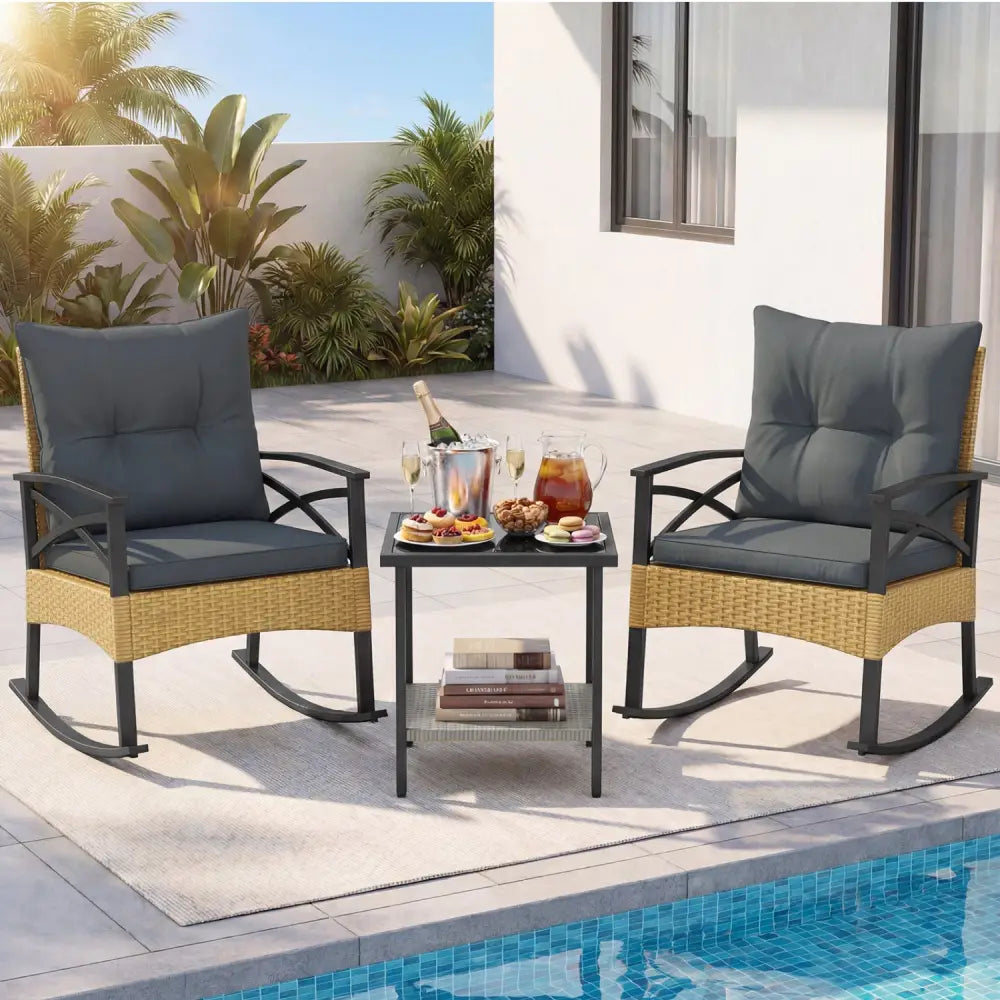 3 Pieces Outdoor Rattan Rocking Chairs Set with 2-Tier Side Table for Garden Backyard-Gray - Gray - Patio Conversation