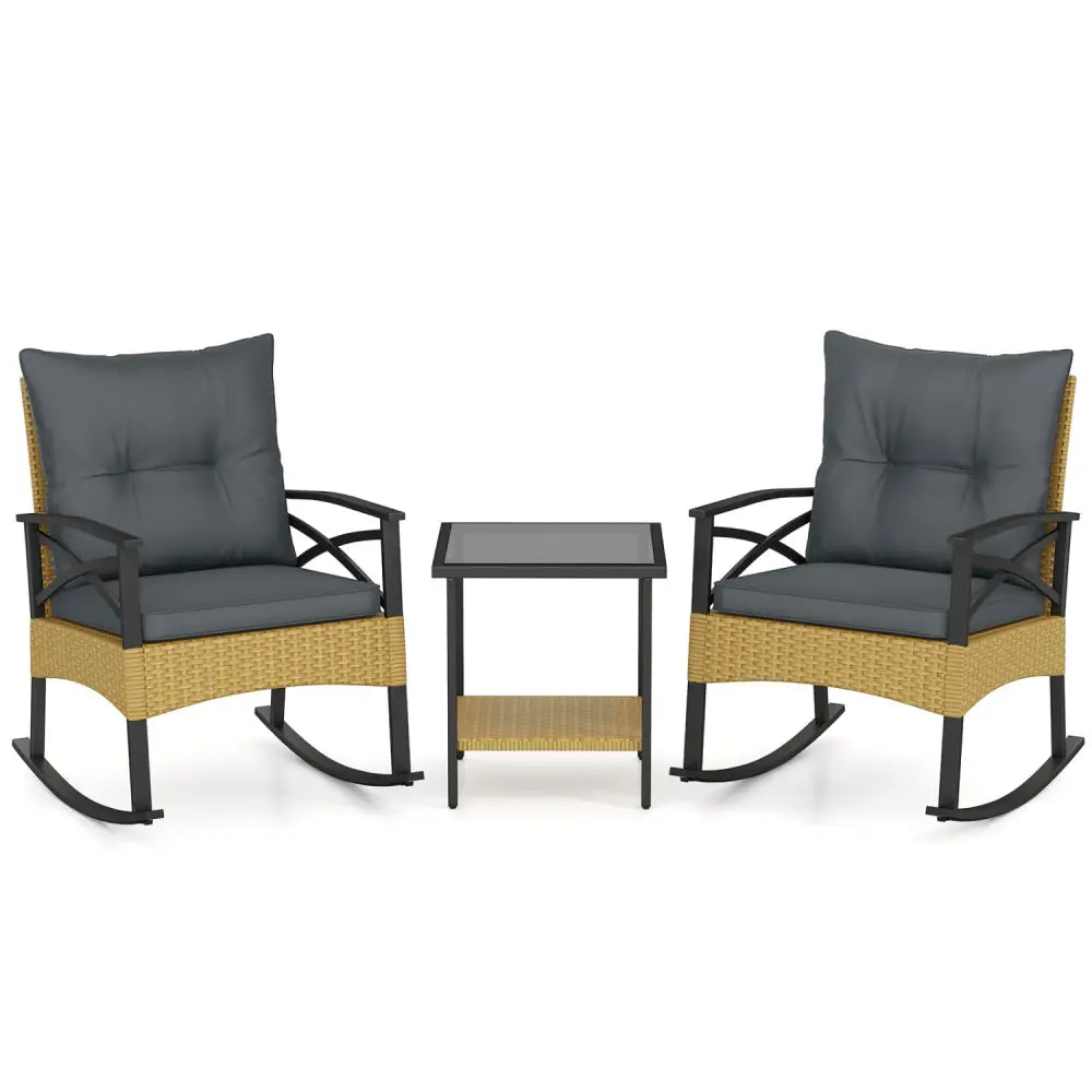 3 Pieces Outdoor Rattan Rocking Chairs Set with 2-Tier Side Table for Garden Backyard-Gray - Gray - Patio Conversation