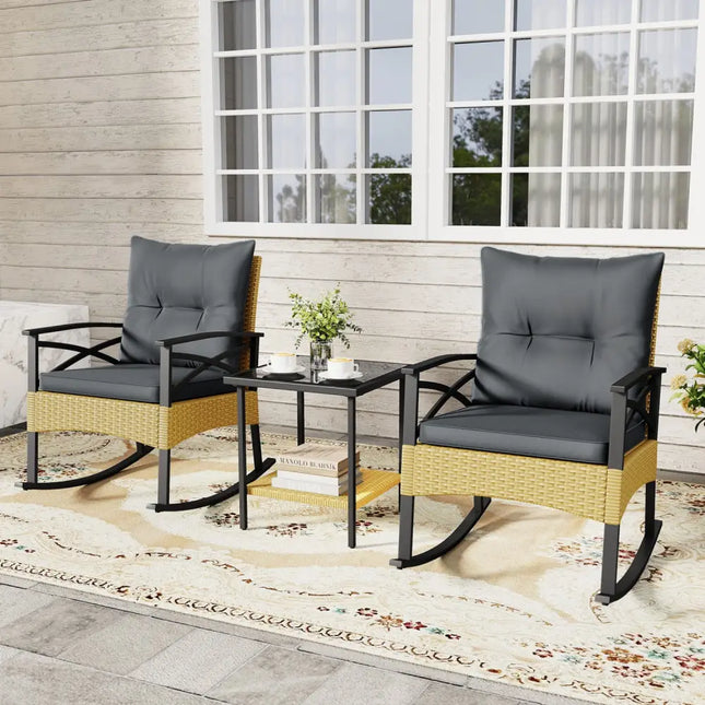 3 Pieces Outdoor Rattan Rocking Chairs Set with 2-Tier Side Table for Garden Backyard-Gray - Gray - Patio Conversation