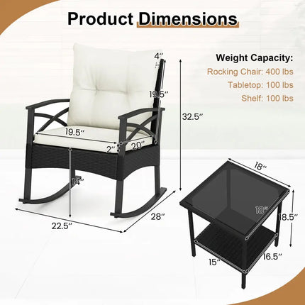 3 Pieces Outdoor Rattan Rocking Chairs Set with 2-Tier Side Table for Garden Backyard-White - White - Patio
