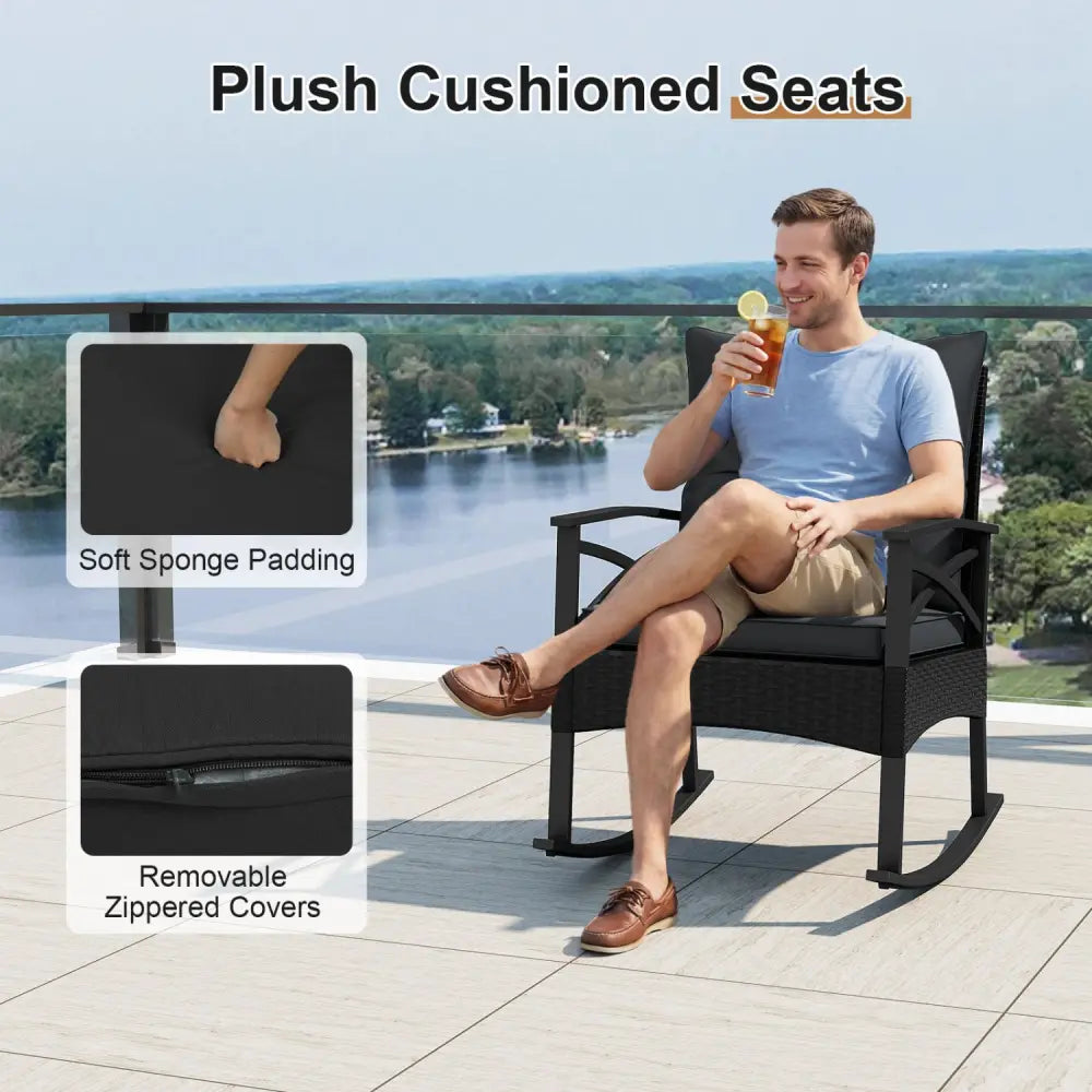 3 Pieces Outdoor Rattan Rocking Chairs Set with 2-Tier Side Table for Garden Backyard-Black - Black - Patio