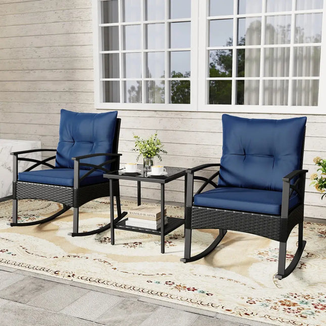 3 Pieces Outdoor Rattan Rocking Chairs Set with 2-Tier Side Table for Garden Backyard-Navy - Navy - Patio Conversation