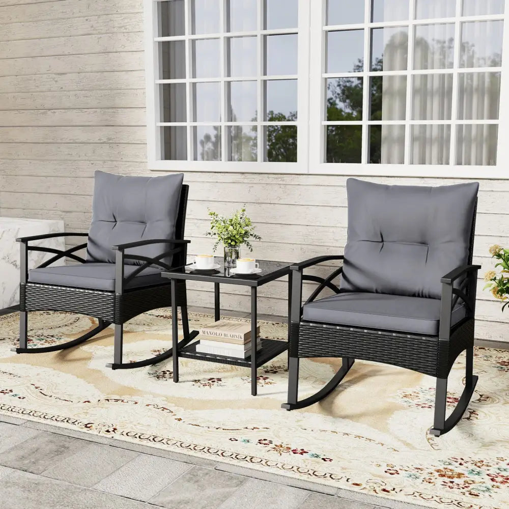 3 Pieces Outdoor Rattan Rocking Chairs Set with 2-Tier Side Table for Garden Backyard-Black and Gray - Black & Gray