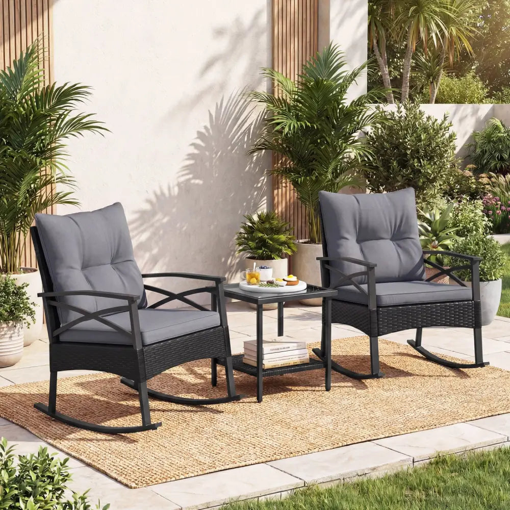 3 Pieces Outdoor Rattan Rocking Chairs Set with 2-Tier Side Table for Garden Backyard-Black and Gray - Black & Gray