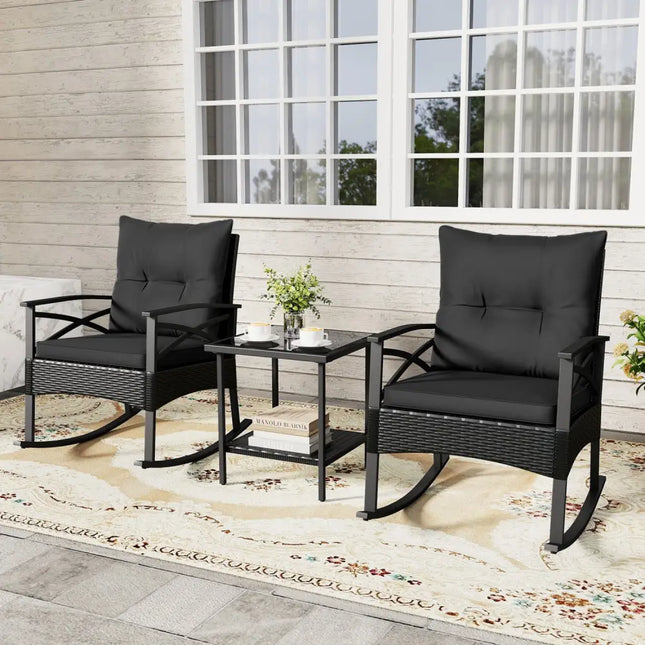 3 Pieces Outdoor Rattan Rocking Chairs Set with 2-Tier Side Table for Garden Backyard-Black - Black - Patio