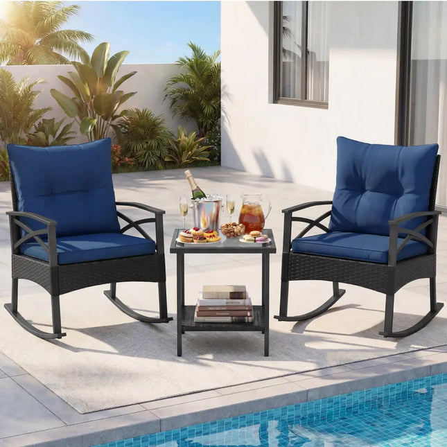 3 Pieces Outdoor Rattan Rocking Chairs Set with 2-Tier Side Table for Garden Backyard-Navy - Navy - Patio Conversation