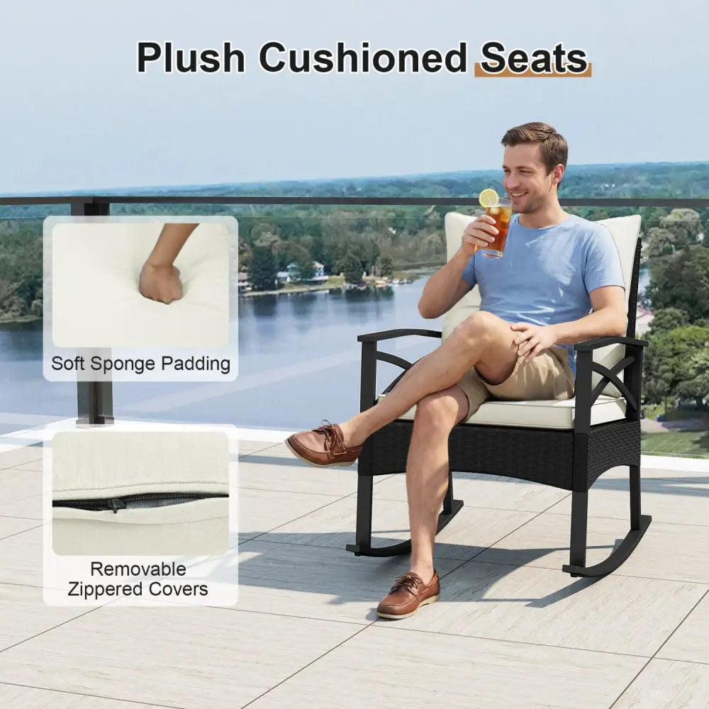 3 Pieces Outdoor Rattan Rocking Chairs Set with 2-Tier Side Table for Garden Backyard-White - White - Patio