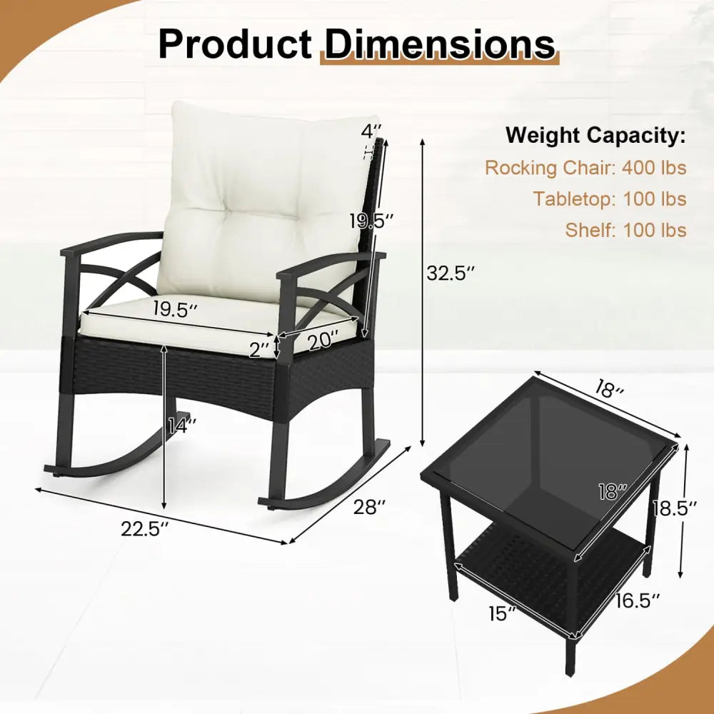 3 Pieces Outdoor Rattan Rocking Chairs Set with 2-Tier Side Table for Garden Backyard-White - White - Patio