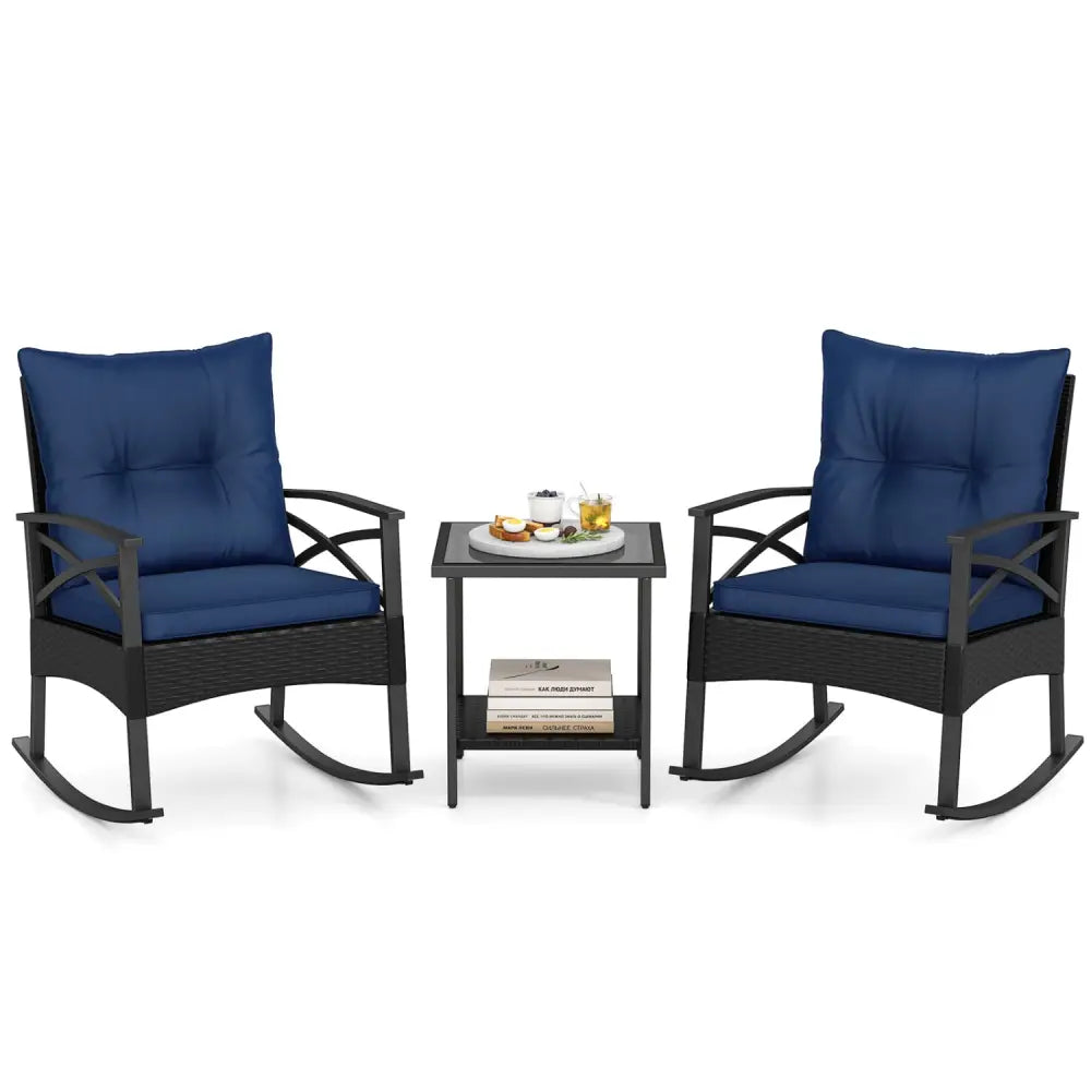 3 Pieces Outdoor Rattan Rocking Chairs Set with 2-Tier Side Table for Garden Backyard-Navy - Navy - Patio Conversation