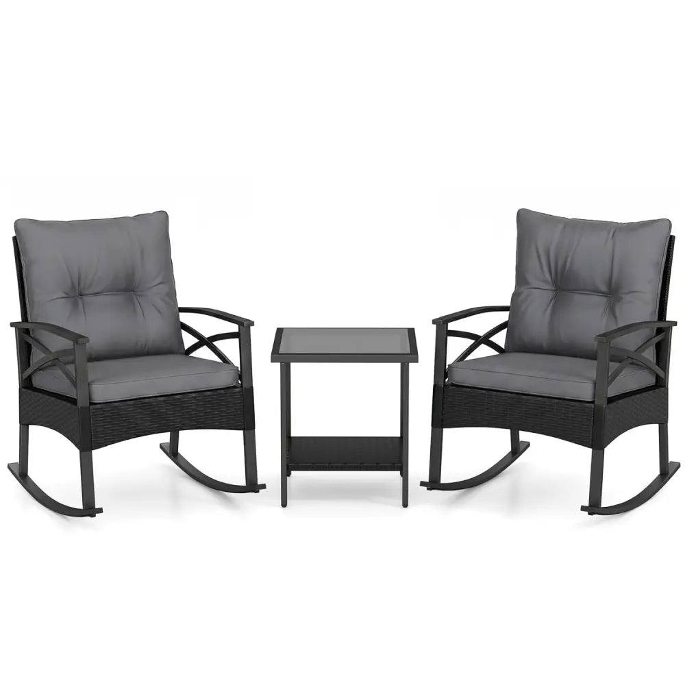 3 Pieces Outdoor Rattan Rocking Chairs Set with 2-Tier Side Table for Garden Backyard-Black and Gray - Black & Gray