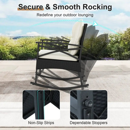 3 Pieces Outdoor Rattan Rocking Chairs Set with 2-Tier Side Table for Garden Backyard-White - White - Patio