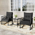 3 Pieces Outdoor Rattan Rocking Chairs Set with 2-Tier Side Table for Garden Backyard-Black - Black - Patio