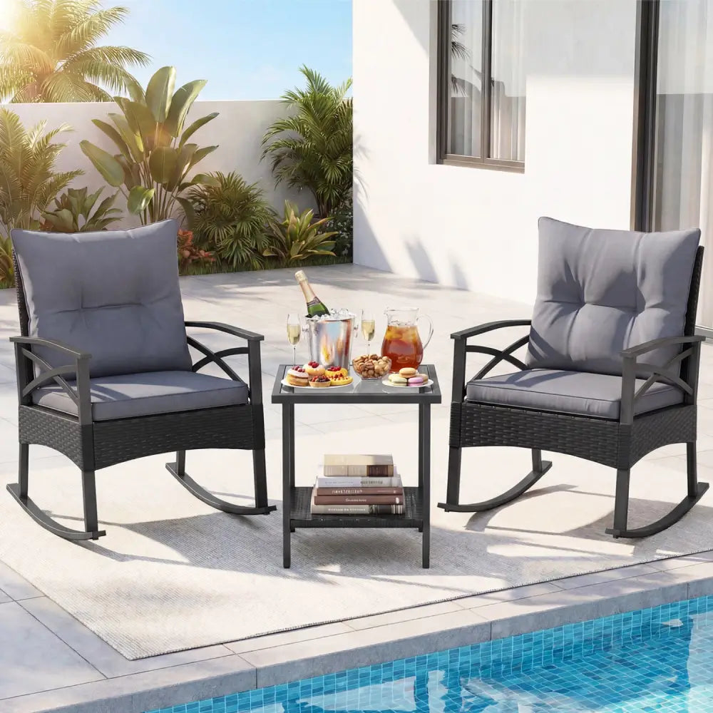 3 Pieces Outdoor Rattan Rocking Chairs Set with 2-Tier Side Table for Garden Backyard-Black and Gray - Black & Gray