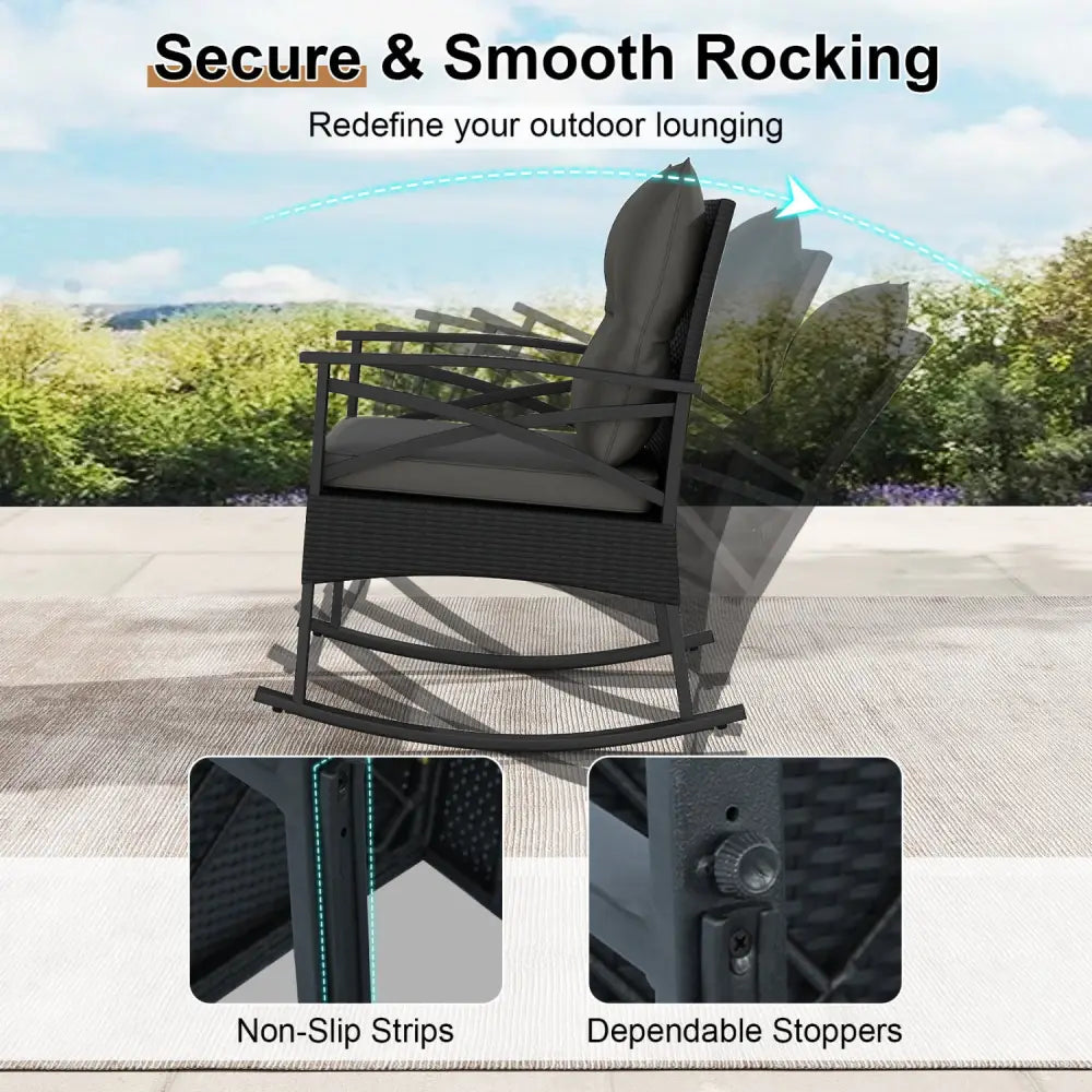 3 Pieces Outdoor Rattan Rocking Chairs Set with 2-Tier Side Table for Garden Backyard-Black - Black - Patio