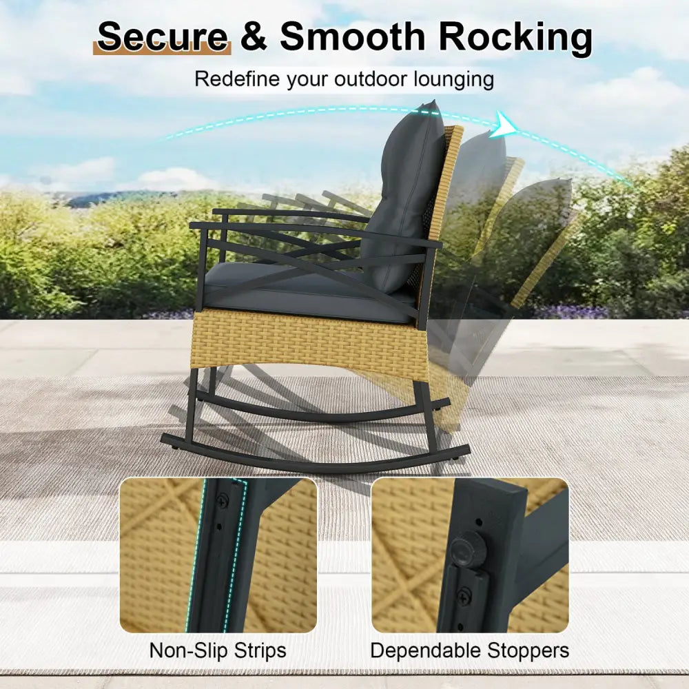 3 Pieces Outdoor Rattan Rocking Chairs Set with 2-Tier Side Table for Garden Backyard-Gray - Gray - Patio Conversation