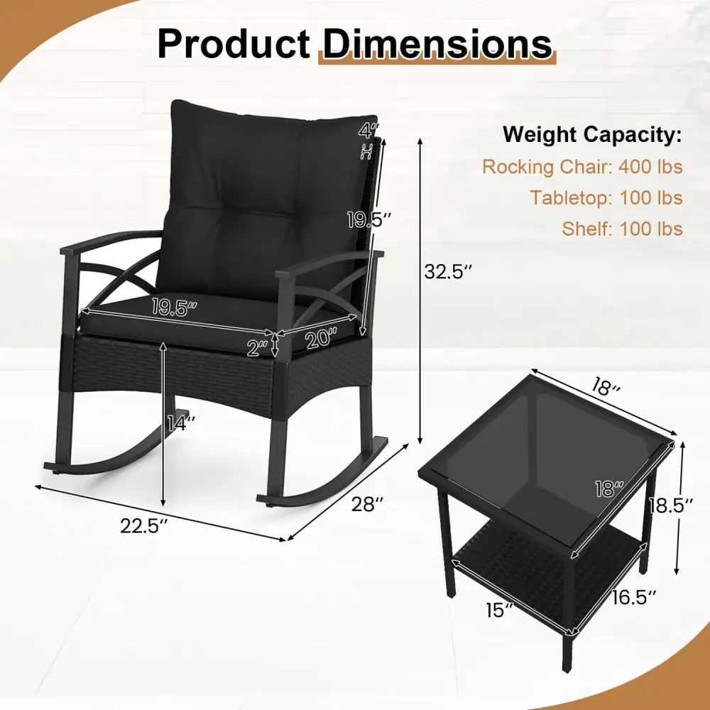 3 Pieces Outdoor Rattan Rocking Chairs Set with 2-Tier Side Table for Garden Backyard-Black - Black - Patio